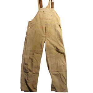 Vintage Overalls 42x32 Carhartt Double Knee 1990's Bibs Work Jeans Tan Distress